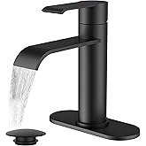 FORIOUS Black Bathroom Faucet 1 Hole, Single Handle Matte Black Waterfall Bathroom Faucet Single Hole for Rv, Lavatory, Restroom Tap with 3 Hole Adapter Deck Plate, Pop Up Drain and 24" Supply Hose