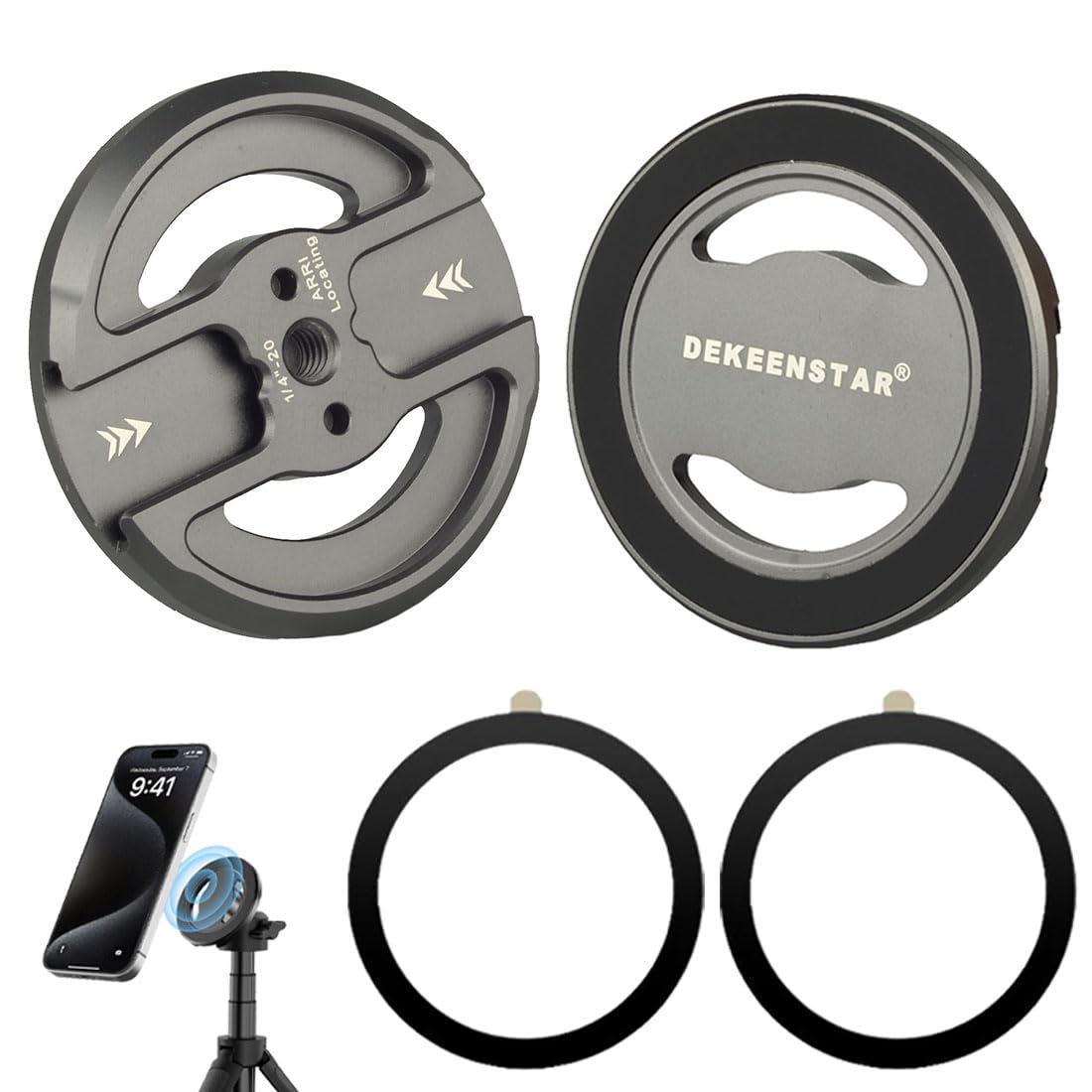Photo 1 of DEKEENSTAR Magnetic Phone Tripod Mount Adapter with 1/4" Screw Holes and Cold Shoe Compatible with Magsafe iPhone 16/15/14/13/12 Pro Max for Magsafe Case/Cover, Tripod, Selfie Stick, Ballheads