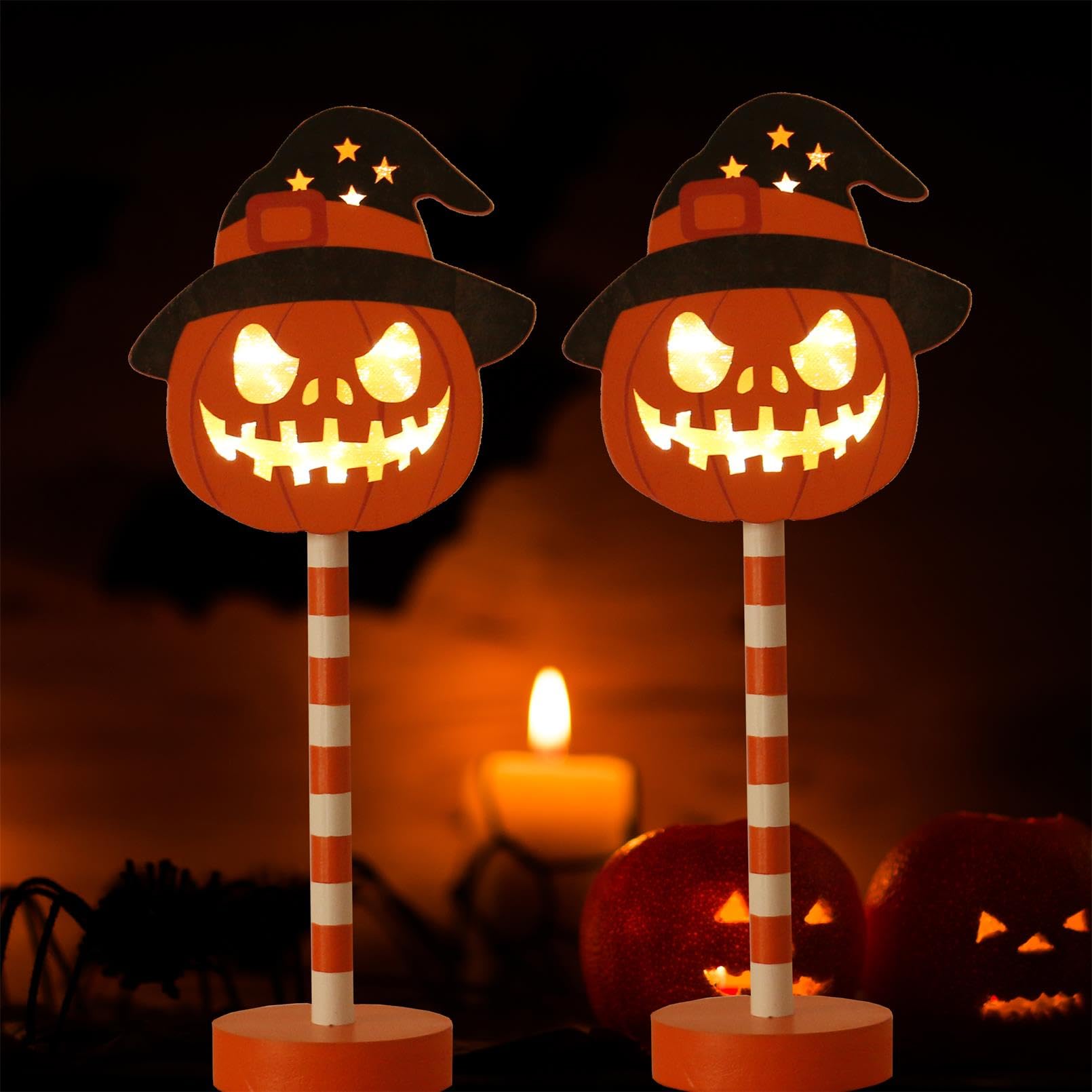 Photo 1 of Halloween Decorations, 2pcs Lighted Pumpkin Jack-o'-Lantern, Indoor Outdoor Standing Decorative Light Up Pumpkins Lights, Battery Operated, Halloween Decor for Table Mantle Centerpiece Front Door