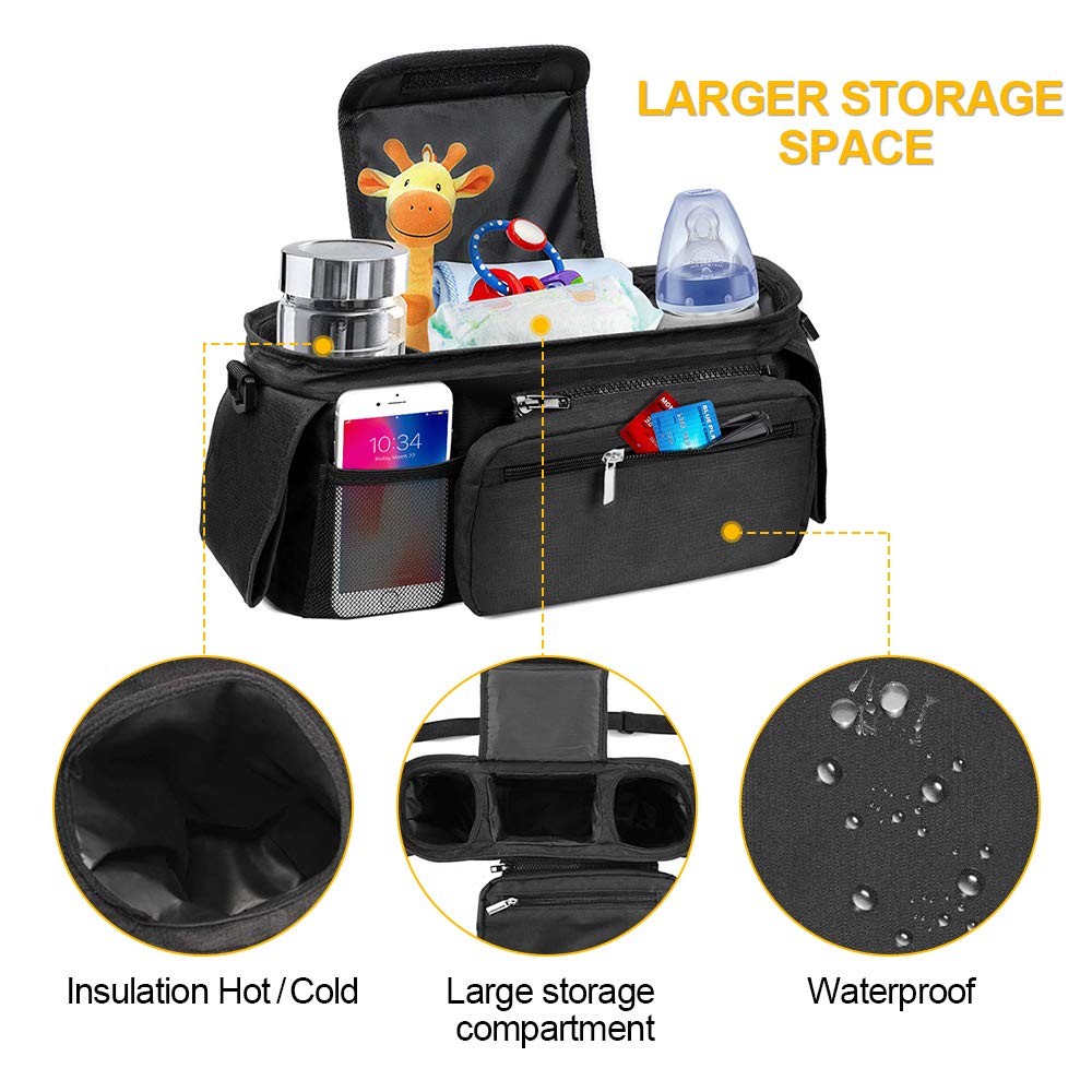 Baby Stroller Organizer Bag - Stroller Storage Bag with 2 XL Waterproof Leak-Proof Insulated Cup Holders and Large Detachable Zippered Clutch Bag for Universal Stroller Like Baby Jogger, Bugaboo : Baby