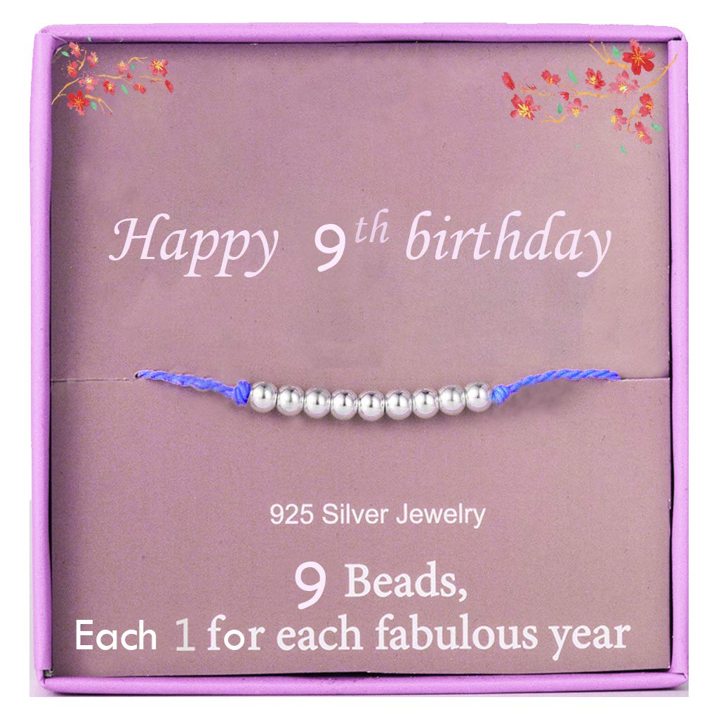 Kenwiv Birthday Gifts for 9th Girls Silver Beads Bracelet for 9 Year Old Girl Jewellery for Her Little Girl Gift Idea with Gift Box Birthday Cards