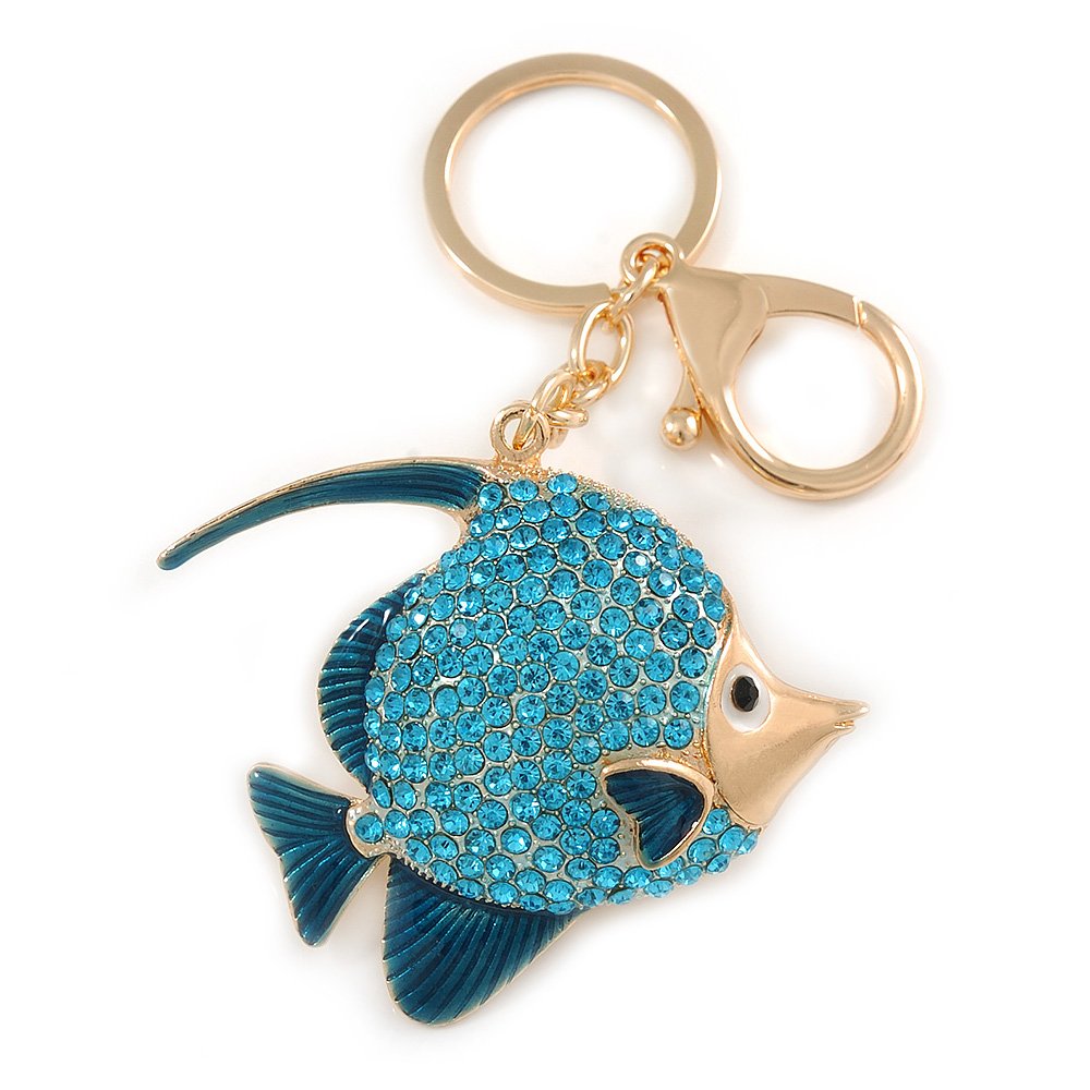 Avalaya Azure Blue Crystal, Teal Enamel Fish Keyring/Bag Charm In Gold Tone Metal - 11cm L