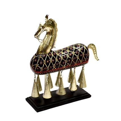 SAARTHI Antique Metal & Wooden Hanging Bell Horse with Embossed Work- Handicraft Showpiece Figurine for Table Decor, Home Decor, Room Decor and Gifts