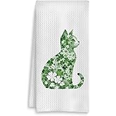 Fuasei St Patrick's Day Cat Kitchen Towel, Four Leaf Clover St Patrick's Day Hand Towel, Lucky Shamrock St Patricks Day Cat Dish Towel, St Patrick's Day Kitchen Bathroom Decor, 16x24 Inch