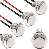 STARELO 5pcs 19mm Latching Push Button Switch Silver Shell with pre-Wiring, IP65 Waterproof Push Button Switch,Stainless Steel 1 Normally Open Without LED.