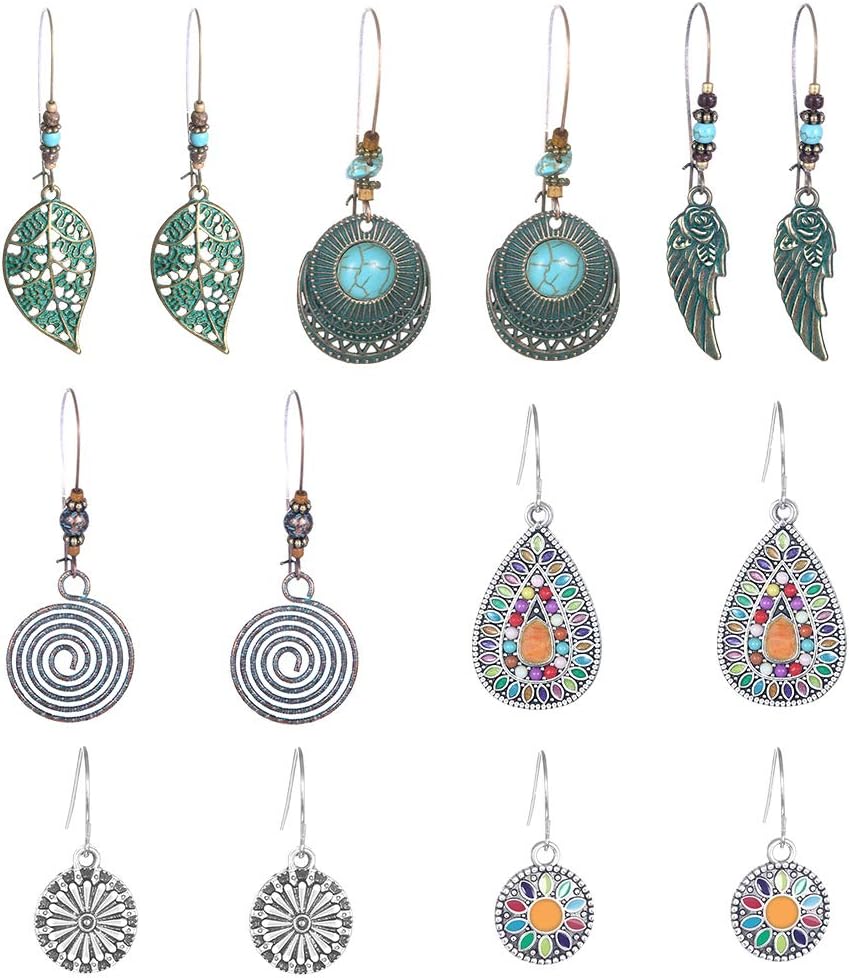 SUNNYOUTH 7 Pairs Vintage Boho Drop Dangle Earrings Leaf Teardrop Turqoise Colorful Bohemian Hook Pendant Statement Earrings for Women Girls Chic Jewelry for Party