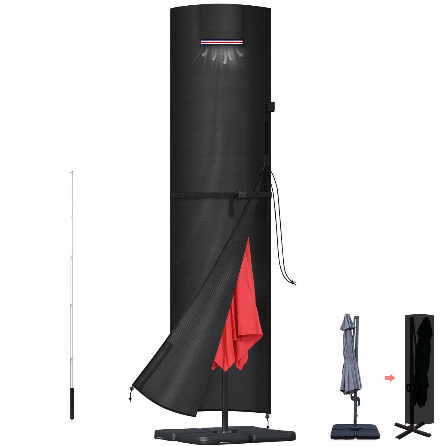 LAMUNI Garden Parasol Cover Waterproof Patio Umbrella Covers Large Cantilever Parasol Cover 420D Oxford Garden Parasol Umbrella Cover fit 3 to 5m Diameter Outdoor Umbrella Parasol, 260x65/65cm