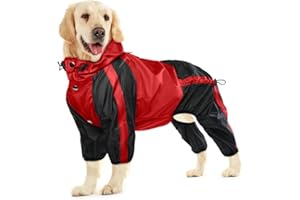 OUOBOB Dog Raincoat, Waterproof Dog Rain Jacket, Lightweight, Adjustable, Red, Large