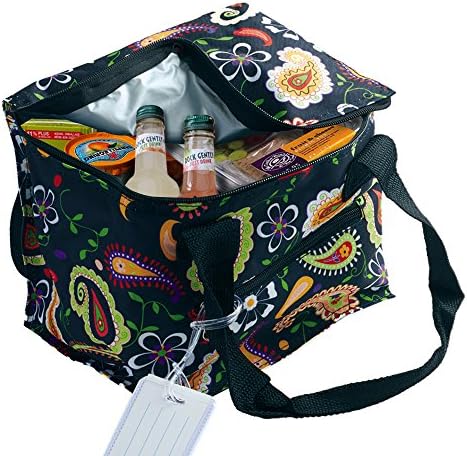 Black Paisley Pattern Insulated Lunch Bag with ID Tag, Zippered Food &amp; Drinks Storage Multifunctional Tote Travel Bag