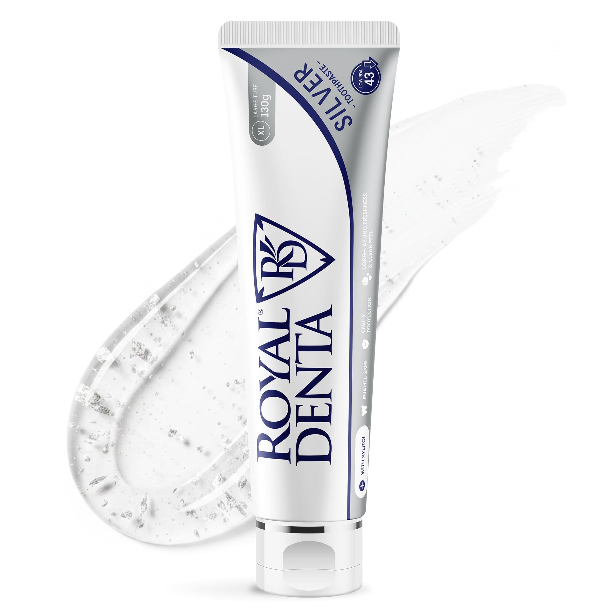 Royal Denta Naturally Teeth Whitening Toothpaste for Adults 130g, Fluoride Toothpaste Removes Stains While Gentle on Sensitive Teeth & Enamel, Mild Taste Gel with Xylitol & Silver Particles