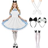 Tvnxdgl Alice Costume Women Wonderland Maid Outfit Anime Lolita Dress Halloween Cosplay Maid Apron Gloves Headband Socks Set