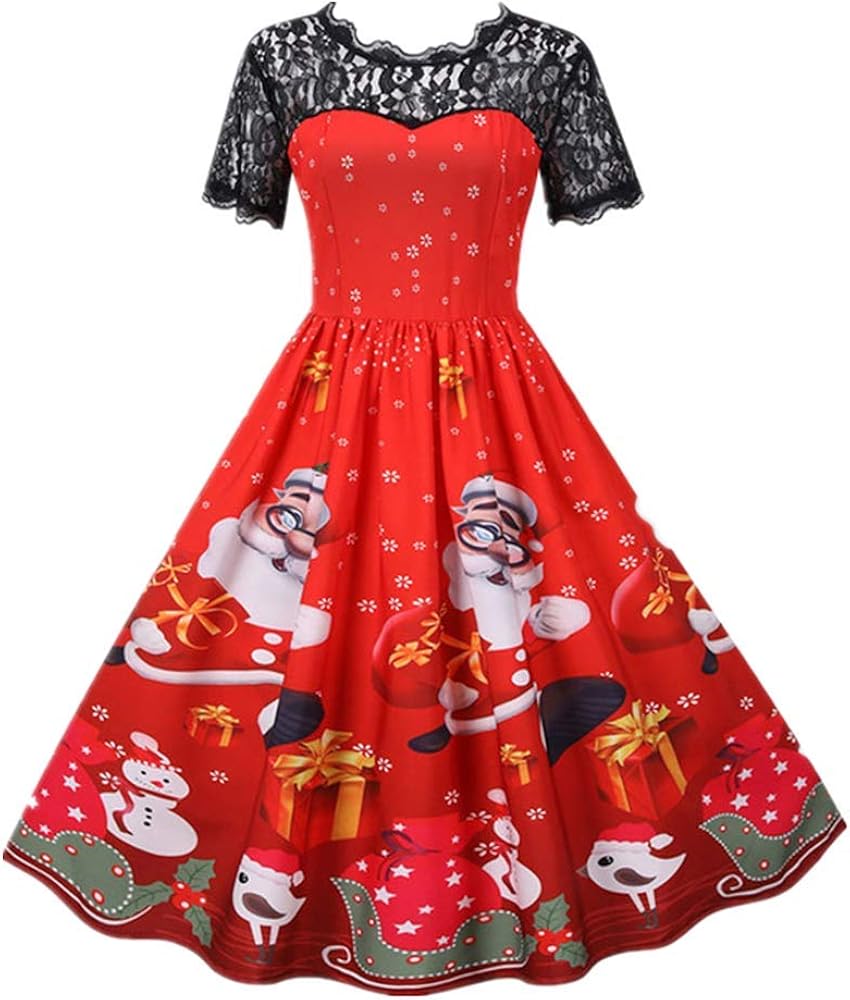 N\P Lace Christmas Dress Women Short Sleeve Print High Waist Elegant