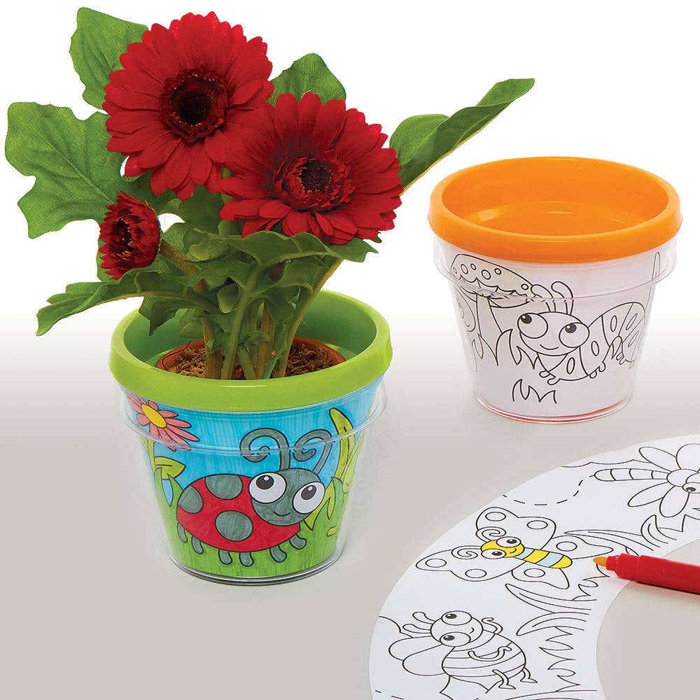 Baker Ross FC698 Bug Colour-in Flowerpots - Pack of 2, Craft Kits for Kids, Plant Pot Colouring, Paper Crafts, Green