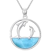 Reaii Natural Larimar Two Dolphin Pendant Necklace for Women 925 Sterling Silver Genuine Larimar Beach Jewelry Gifts