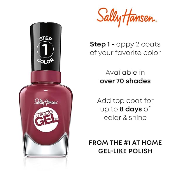 SALLY HANSEN MIRACLE GEL™, BORDEAUX GLOW, LONG LASTING, GEL-LIKE FORMULA, NO UV LAMP NEEDED, RED NAIL POLISH