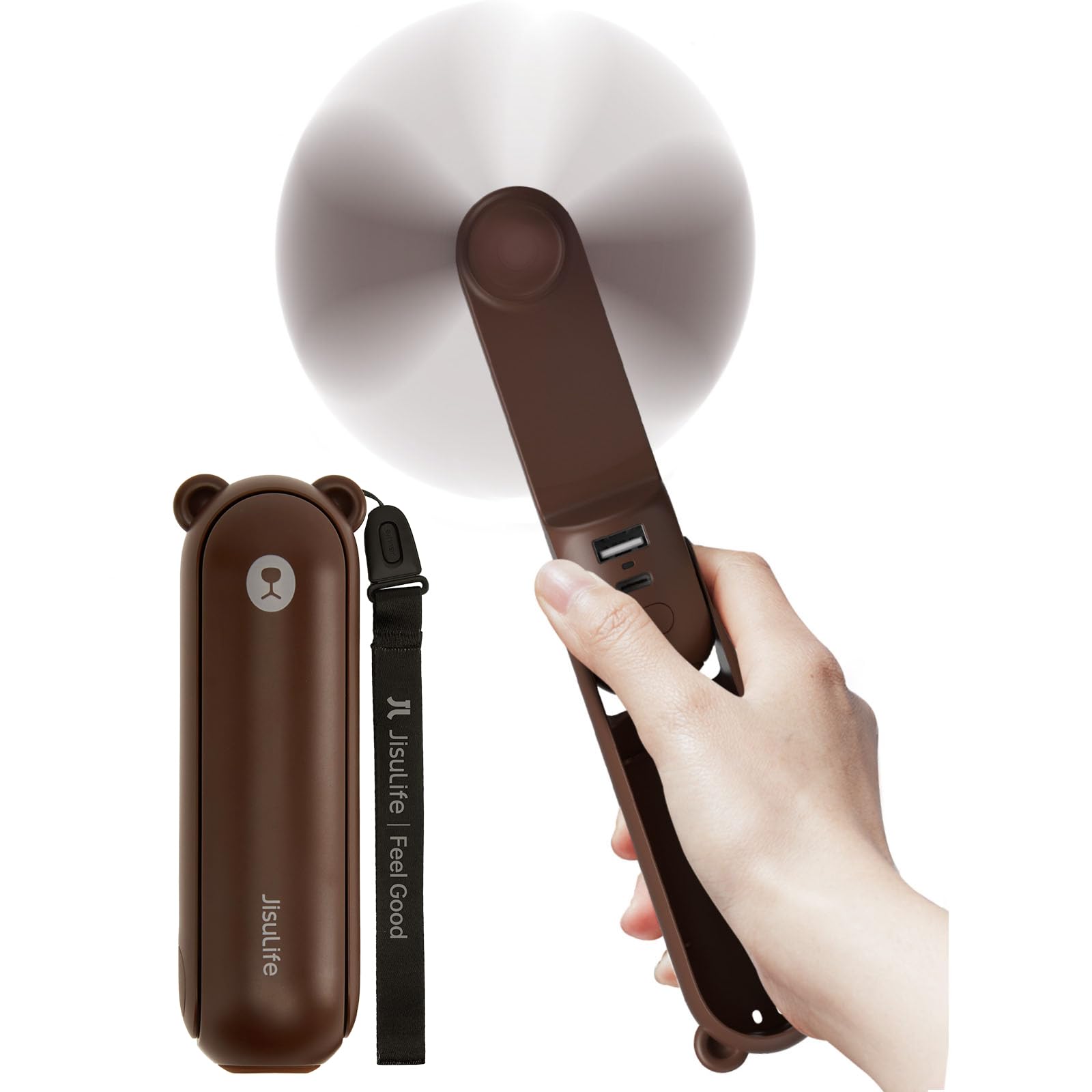 Photo 1 of JISULIFE Handheld Fan with 4500 mAh Powerbank Max 37 Hours Runtime, Pocket Portable Battery Operated or USB Powered Folding Personal Fan, 3 Speeds, Gifts for Women Men Kids Gift for Festival-Brown
