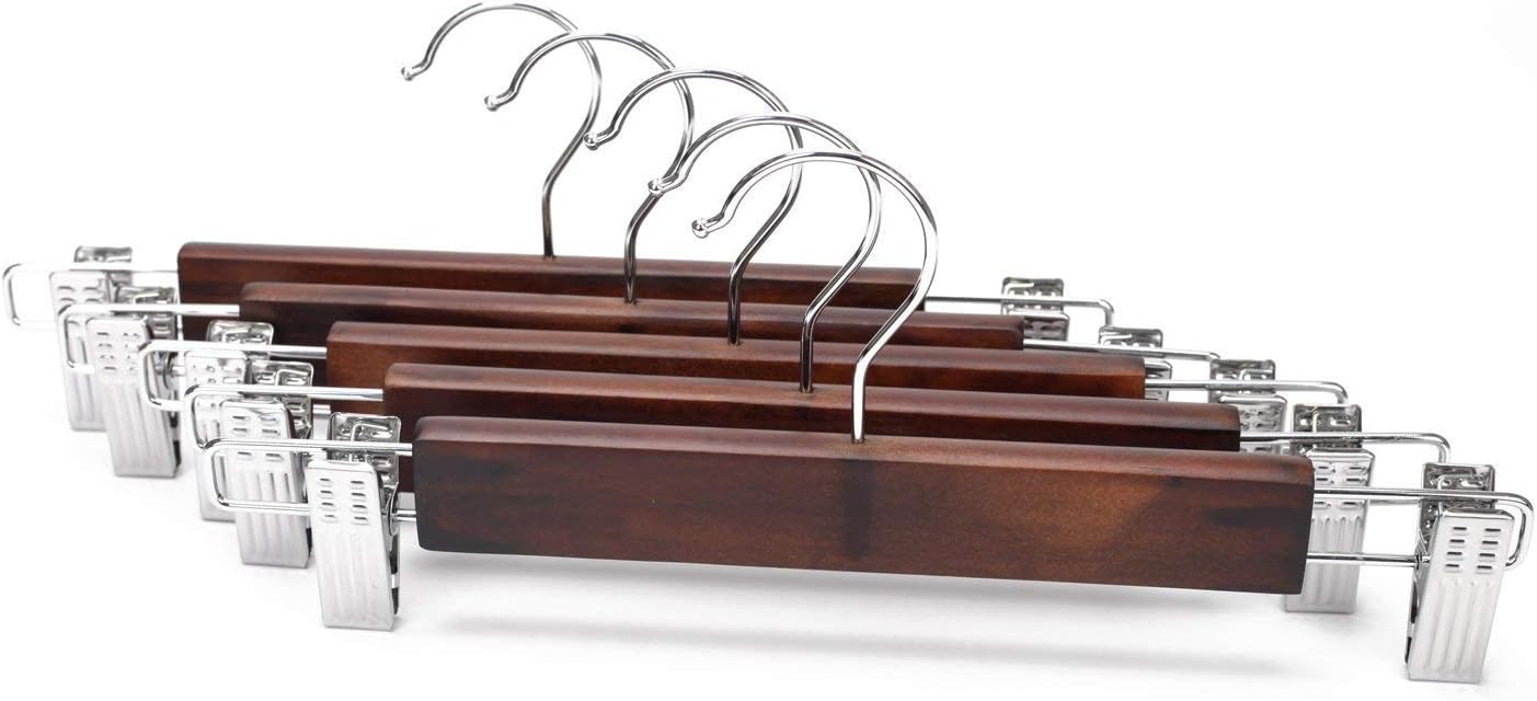 JS HANGER Wooden Pant Skirt Hangers Smooth Retro Finish Wooden Pant Skirt Hangers with 2-Adjustable Anti-Rust Clips, 5-Pack