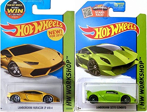Lamborghini Hot Wheels Yellow Huracan New Casting 2015 2 Car Set Classic Green Sesto Elemento Workshop #222 LP 610-4 HW City #198 Speed Team 2014