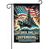 FLAGMEUP8386 Navy Veteran Flag 12x18 – Double-Sided Military Garden Flag with Battleship and Patriotic “Sailing with Honor, Defending with Strength” – Outdoor Yard Decor for Veterans Day & Patriot Day