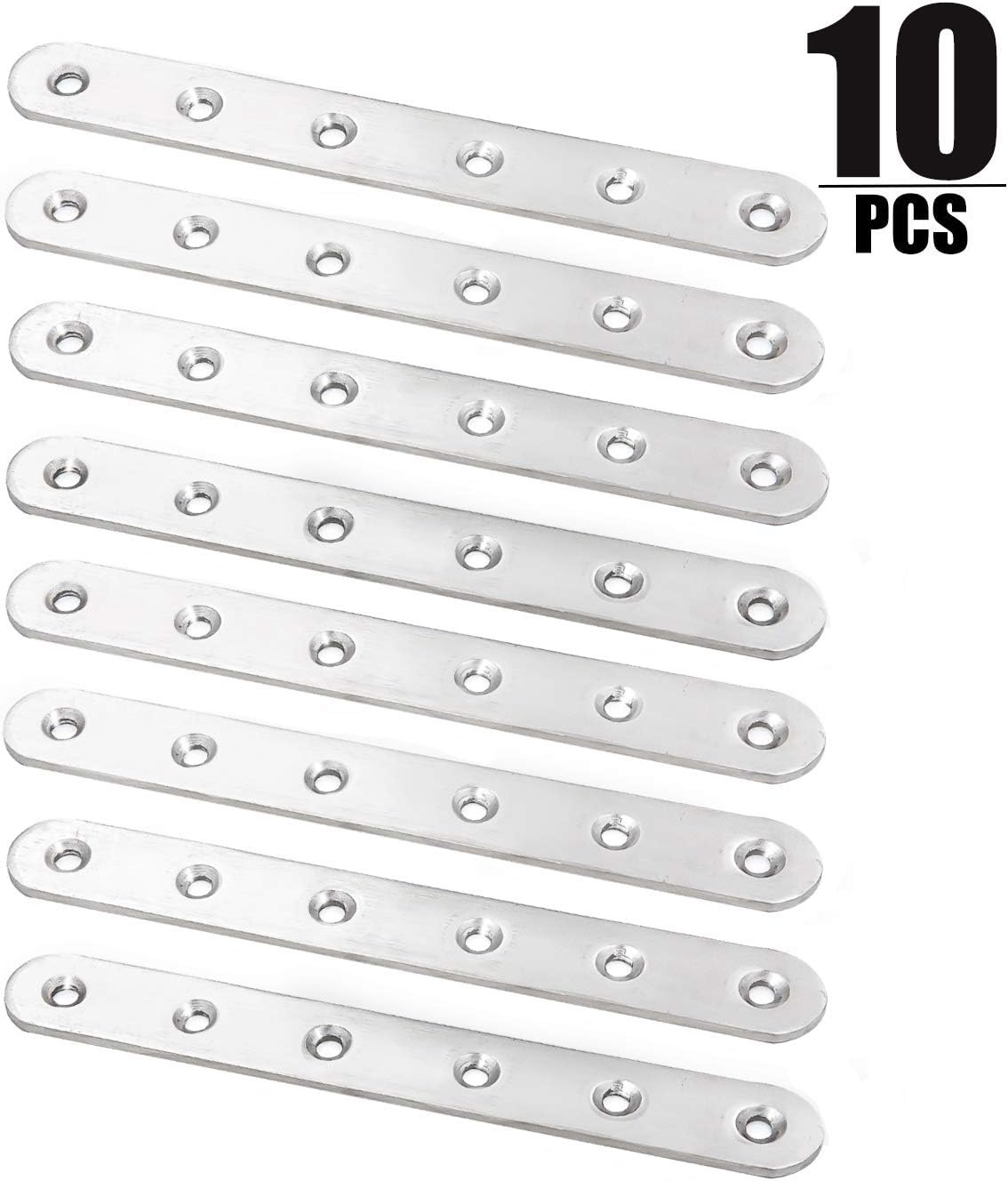 KINJOEK 10 Packs 156 x 20 x 3MM Straight Brace, Stainless Steel Flat Straight Brackets, Metal Joining Plate, Repair Bracket Connector for Furniture Bookshelf Wood, Silver