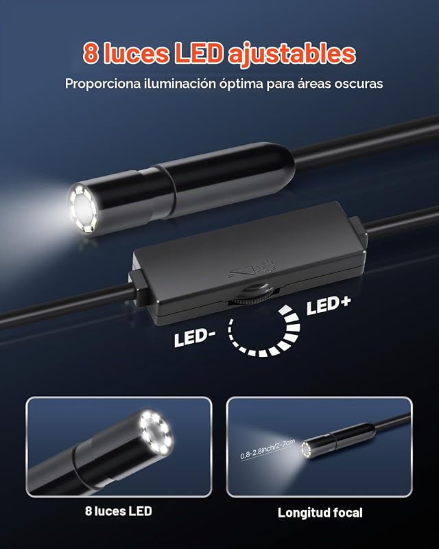 Câmara endoscópica, boroscópio HD 1920P para Android e iOS, com 8 luzes LED ajustáveis e cabo semi-rígido de 5 m, zoom 2X, IP67 à prova de água, para automóveis e canalização, 5000 x 18 x 10 mm