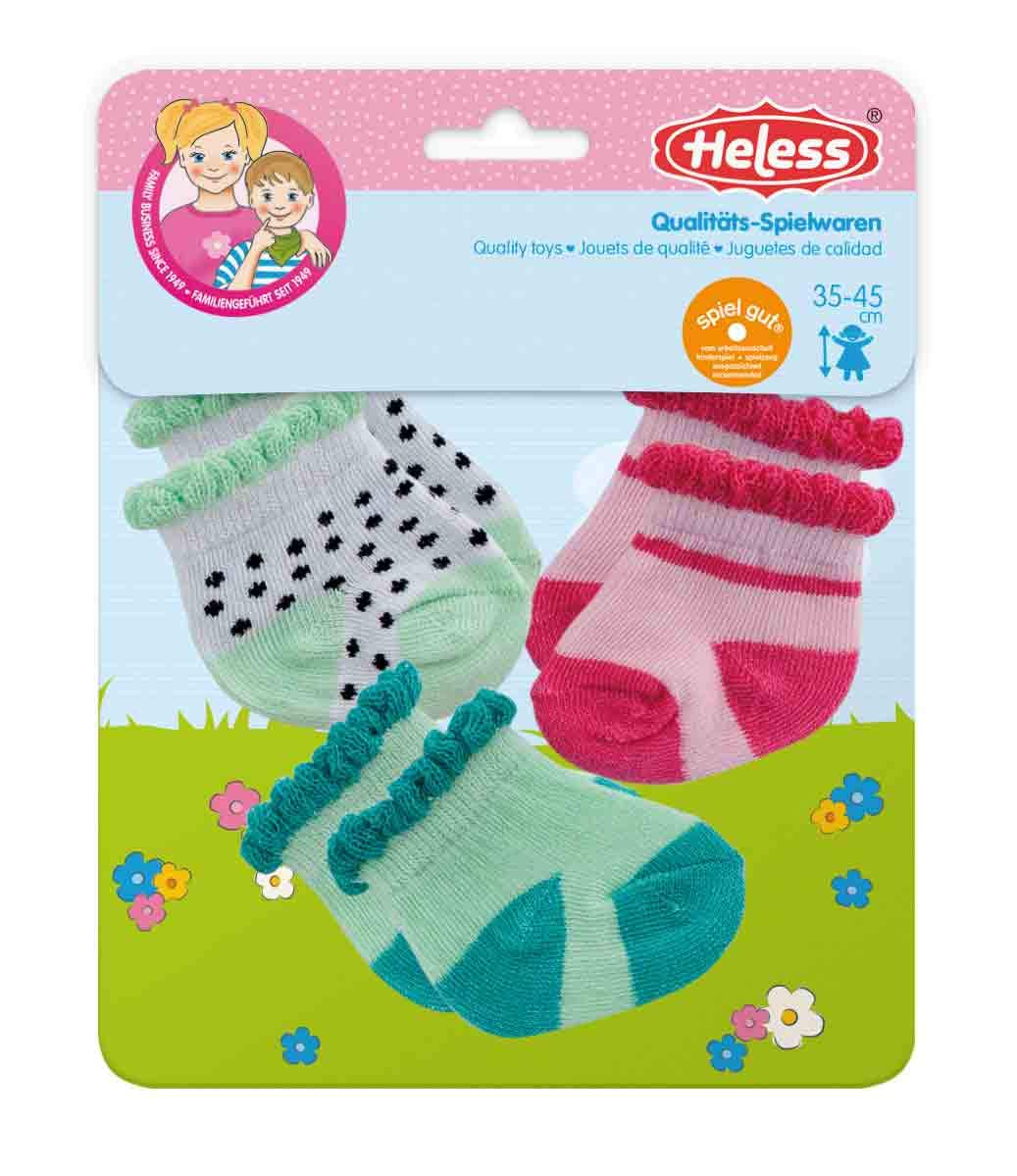 Heless 173 - Socks for Dolls, in Mint, Pink and with Black and White Polka Dots, 3 Pairs, Size 35-45 cm