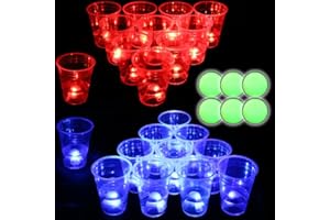 Glow in The Dark Beverage Pong Set-Light Up Party Cups for Indoor Outdoor Competitive Fun, 22 Glowing Cups(11 Reds &11 Blues)