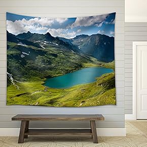 Mountain Landscape in Green Wally with Crystal River, in Caucasian Mountains. - Fabric Wall Tapestry Home Decor - 51x60 inches