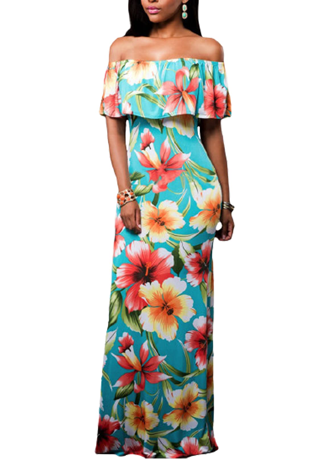 Happy SailedWomens Summer Off The Shoulder Ruffle Floral Printed Hawaiian Long Beach Maxi Dress