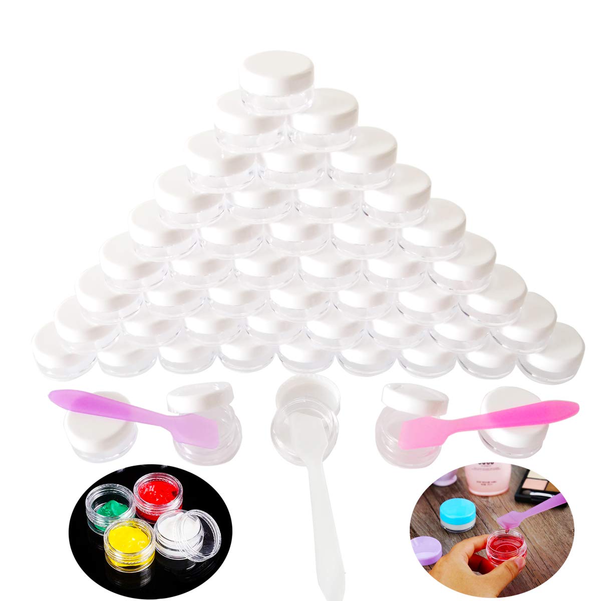 Wopanxye 50pcs 3g Jars 3 Grams Small Travel Sample Containers, 3ml Empty Plastic Round Jar with Lid for Cosmetics, Lotion, Cream, Make-up eyeshadow, Slime, Wax, Bead, Rhinestone, Party DIY Accessory