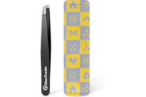 Expert Slant Tip Tweezers with Leather Case, GlamTweeler Sharp & Precision Stainless Steel Tweezer for Eyebrows, Facial Hair and Fine Hairs Removal (Black)