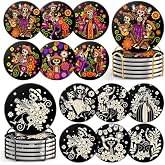 Dageusi Day of the Dead Coasters Set of 12 with Holder, Sugar Skull Ceramic Stone Absorbent Drink Coasters, Colorful Mexican Folk Art Calavera Table Bar Decor
