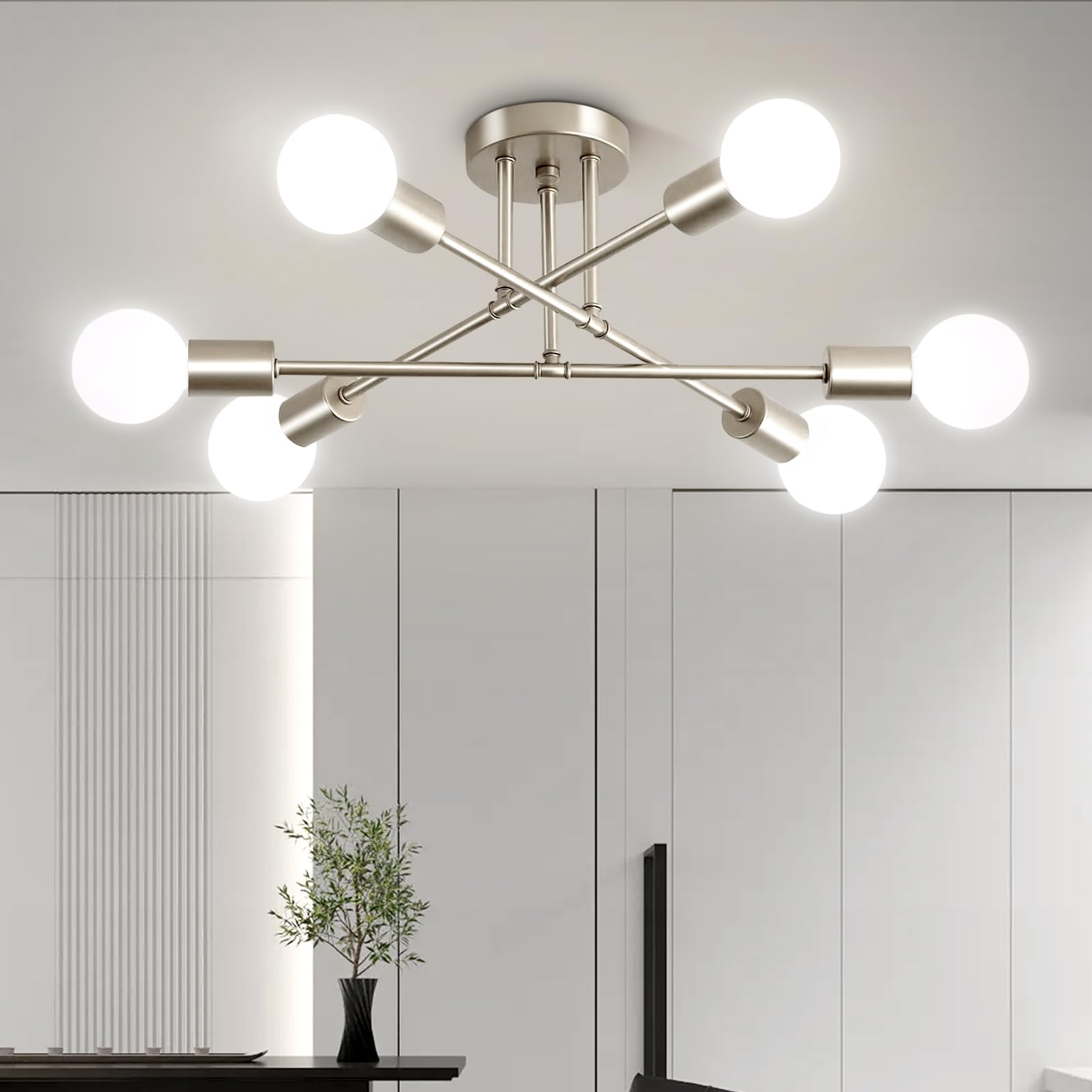 Nickle Modern Sputnik Chandelier Ceiling Light Fixture,6-Light Dining Room Light Fixture,Industrial Metal Kitchen Lighting Fixtures Ceiling,Angle Adjustable Semi Flush Mount Ceiling Light for Bedroom Image