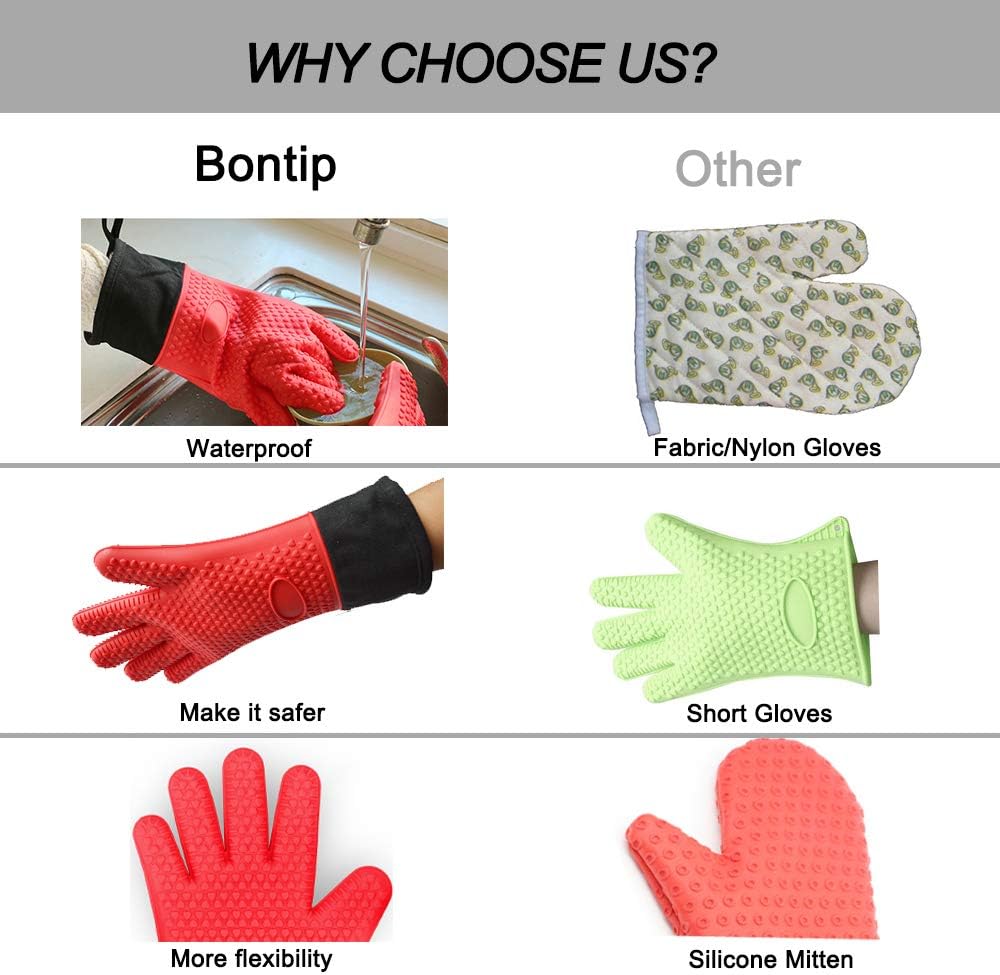 Oven Gloves, Heat Resistant Cooking Gloves Silicone Grilling Gloves Long Waterproof BBQ Kitchen Oven Mitts with Inner Cotton Layer for Barbecue, Cooking, Baking -Red: Home & Kitchen