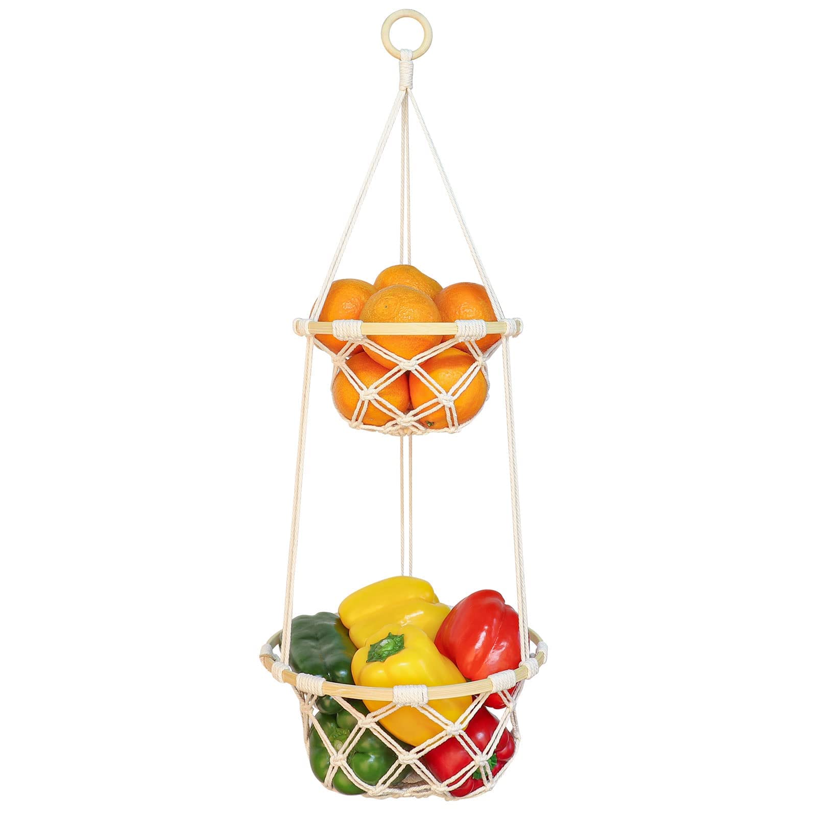Photo 1 of 2 Tier Macrame Hanging Fruit Basket, Boho Vegetable Holder for Kitchen Food Storage with Hook, Bohemian Cotton Produce Multi Organizer, Plant Hanger Decor for Home Living Room Women Christmas Gift