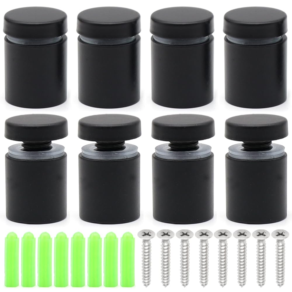 KtbeYTi 8 Pcs Black Advertising Screw Nails 19 x 25 mm Stainless Steel Sign Standoff Screws, Standoff Fixings for Glass, Advertisement, with Screws and Rubber Plug