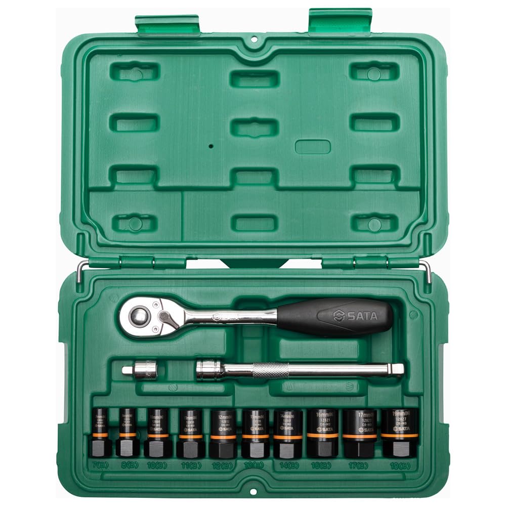 SATA ST09137 13 Pc 1/4" and 3/8" BoltBiter Bolt and Nut Extraction Set, with Bidirectional Design to Remove and Reuse Damaged Fasteners, Covered by Lifetime Warranty, Green.
