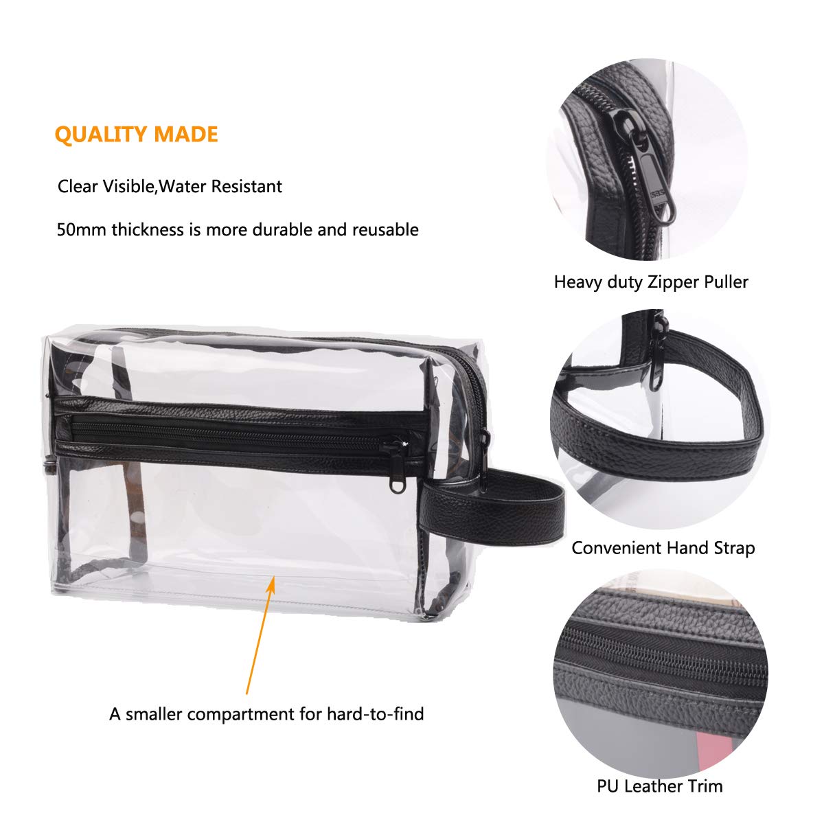 Heavy Duty Clear Travel Toiletry Makeup Bags Transparent Shaving Bag Water Resistant Cosmetic Bag Organizer Pouch with Zipper and Handle (Black)