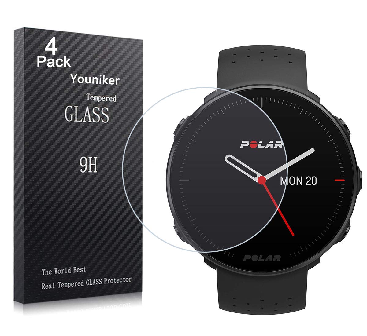 Youniker 4 Pack for Polar Vantage M Screen Protector Tempered Glass for Polar Vantage M Watch Screen Protectors Foils Glass 9H 0.3MM Anti-Scratch Anti-Fingerprint Bubble Free