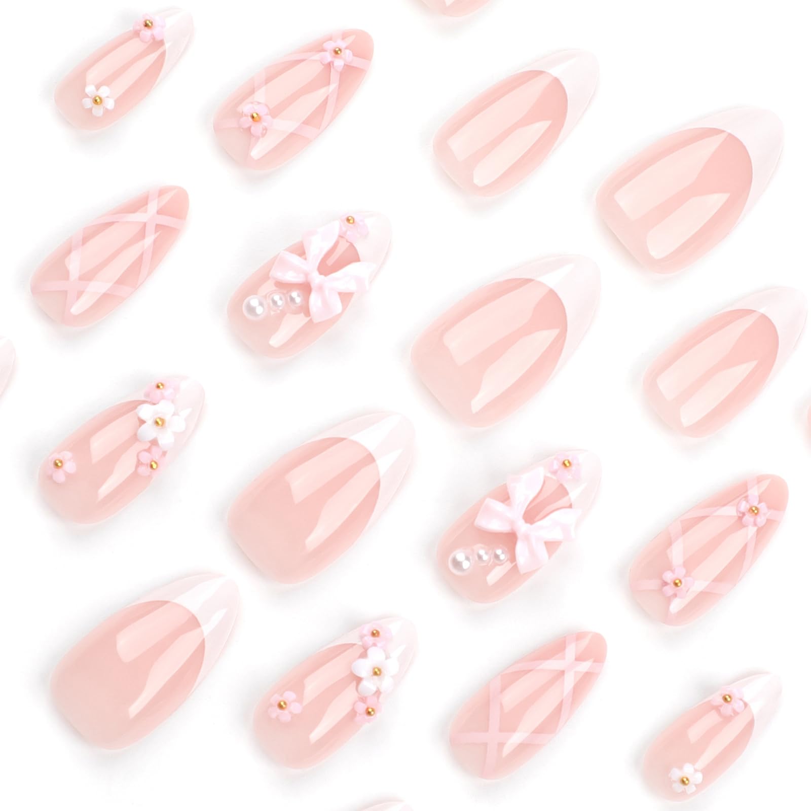 Almond French Tip Press on Nails Medium Fake Nails with Bow Charm Designs Cute Pink False Nail Pearl Flower Designs Full Cover Glue on Nails Press ons for Finger Manicure, 24Pcs - Image 3