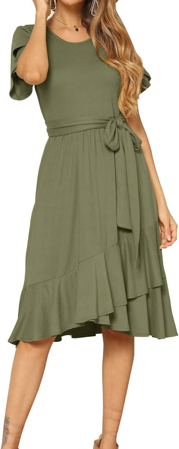 levaca Women's Plain Casual Flowy Short Sleeve Midi Dress with Belt