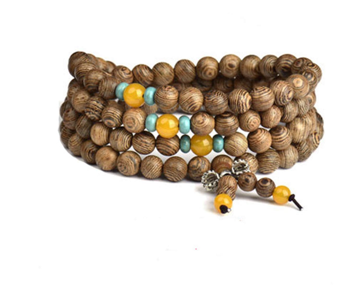 8mm*108pcs Wood Bracelet Wrist Link Necklace Chain Tibetan Buddhist Sandalwood Bead Prayer Buddha Mala Chinese Knot (Blue+orange)