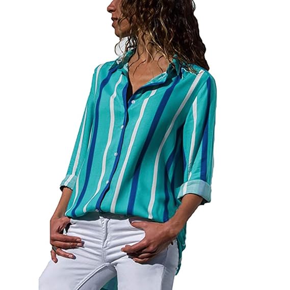 ITISME FRAUEN BLUSE Damen Casual Langarm Farbblock Streifen Button Bluse Damen Hemd Gestreift Oberteile Casual Chiffon Langar