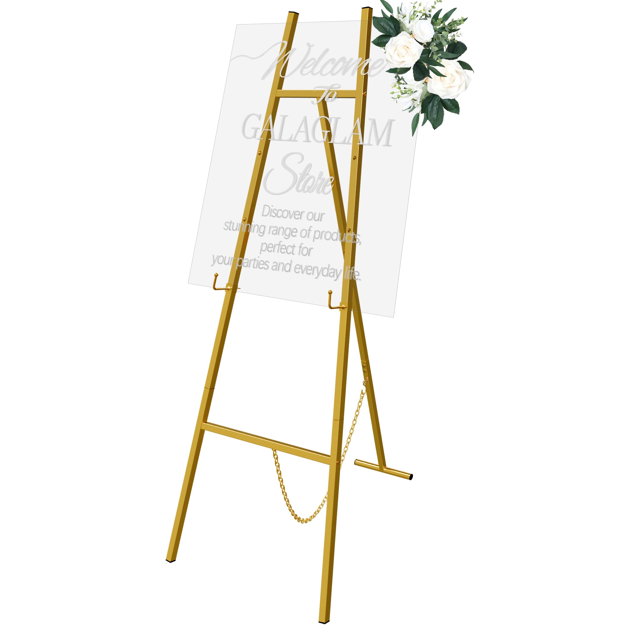 Photo 1 of GALAGLAM Gold Easel Stand for Signs, Metal Decorative Easels for Wedding Heavy Sign Posters Home Display Painting, Artist Easel for Painting Canvas