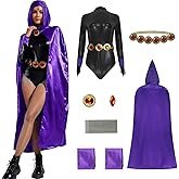 PAINEOMN Women Raven Costume Halloween Cosplay Black Jumpsuit with Purple Hooded Cloak Bodysuit for Fancy Dress Outfits
