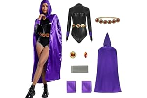 PAINEOMN Women Raven Costume Halloween Cosplay Black Jumpsuit with Purple Hooded Cloak Bodysuit for Fancy Dress Outfits