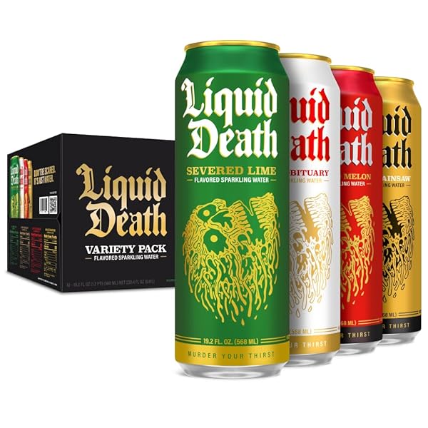 LIQUID DEATH SODA-FLAVORED SPARKLING WATER VARIETY 12-PACK (19.2OZ CANS) (SEVERED LIME, MANGO CHAINSAW, CONVICTED MELON, CHERRY OBITUARY)
