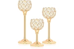 Kehail Crystal Metal Tealight Candlestick, Bling Bowl Candelabras, Tall Crystal Votive Candle Holders Elegant Crystal Candle Centerpiece for Dining Table Wedding Decor (Set of 3, Gold)