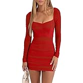 Memoriesea Women's Sexy Mesh Square Neck Long Sleeve Ruched Bodycon Party Club Mini Dress