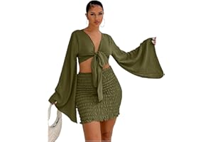 LYANER Women's 2 Piece Outfits Tie Knot Front Bell Long Sleeve Crop Top and Mini Skirt Set